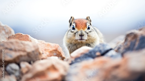  a close up of a small rodent on a rocky surface with a blurry sky in the back ground. photo