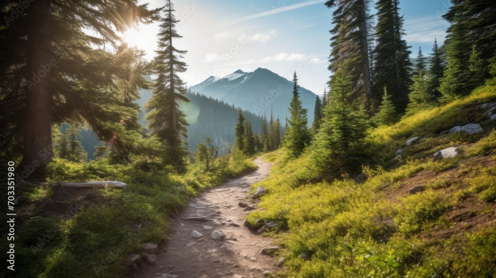 Fototapeta premium A Serene Trail Through the Woods with a Majestic Mountain in the Background