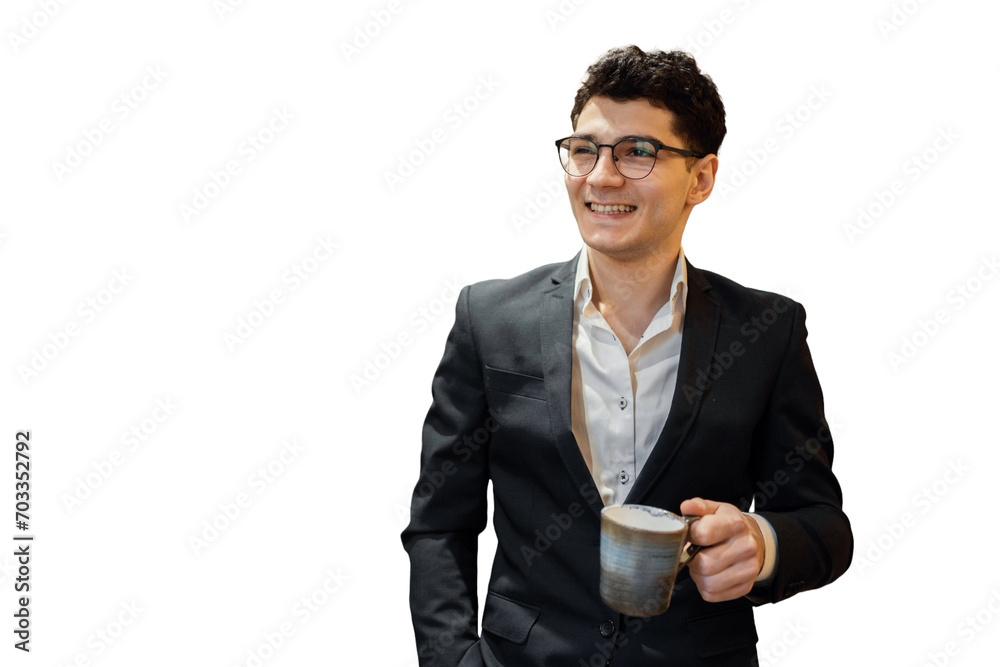 A male entrepreneur drinks coffee in a business suit. Transparent background. A male entrepreneur drinks coffee in a business suit. Transparent background.