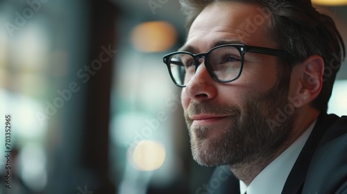Businessman enjoys a light moment in a corporate meeting.