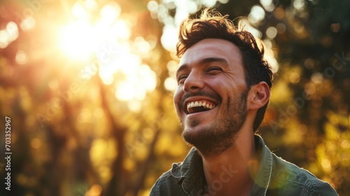 Man's hearty laughter fills the sunny frame with infectious joy and exuberance.