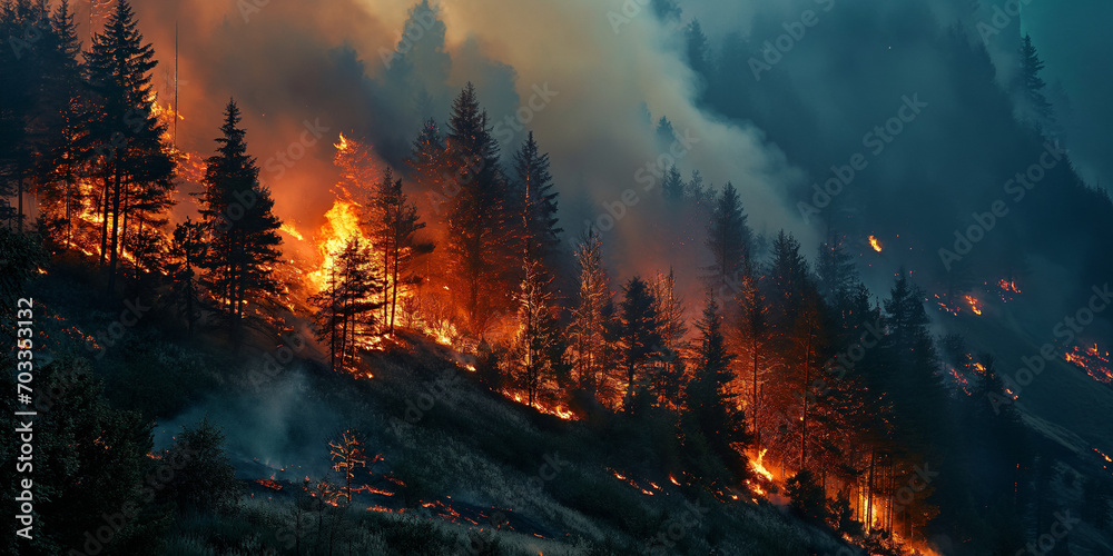 Forest fire in the mountains, Landscape Image with Copy Space