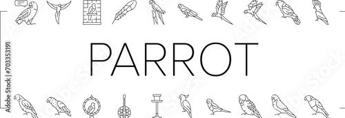 parrot bird blue animal tropical icons set vector. macaw blue, yellow wildlife, nature feather, red bright, wing wild, ara parrot bird blue animal tropical black line illustrations