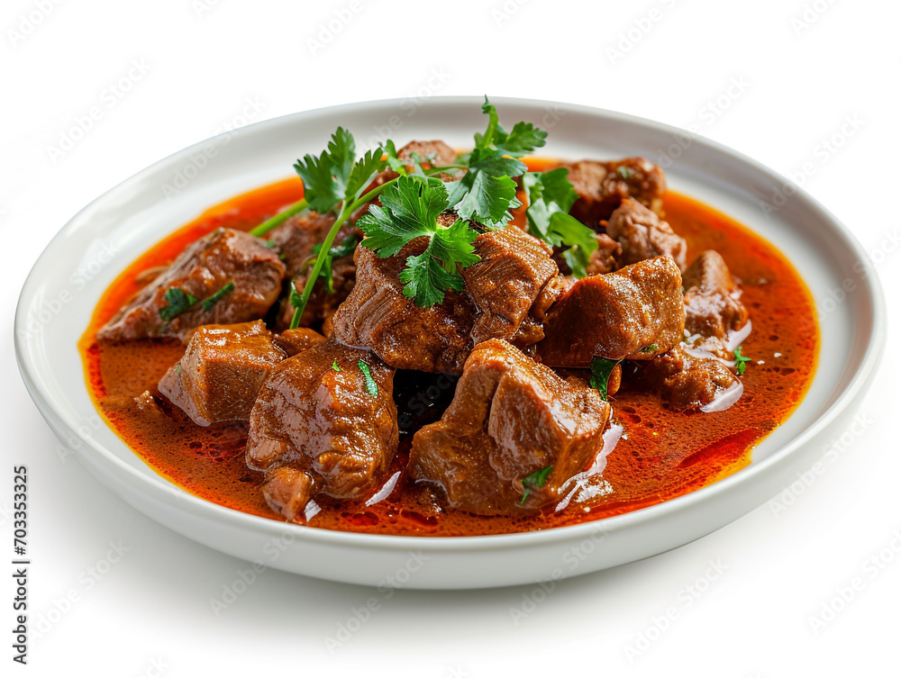 A plate of delicious beef curry isolated on white background. A plate of delicious beef curry isolated on white background.