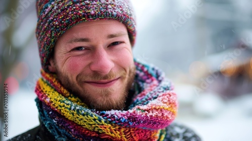 Smiling man wears a colorful winter hat and scarf against a snowy backdrop.