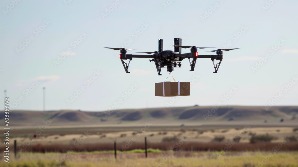 Drone delivery delivering post package, Technological shipment innovation drone fast delivery concept, and safe delivery. Drone flying through the air with a delivery box package Drone delivery delivering post package, Technological shipment innovation drone fast delivery concept, and safe delivery. Drone flying through the air with a delivery box package