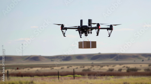 Drone delivery delivering post package, Technological shipment innovation drone fast delivery concept, and safe delivery. Drone flying through the air with a delivery box package