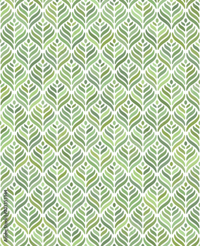 Seamless repeating pattern with abstract geometric green leaves on a white background. Monochrome foliage composition. Modern and simple floral texture.