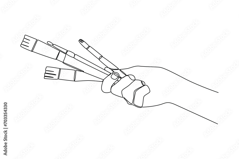 Continuous one line drawing people holding drawing tools. Stationery Concept. Single line draw design vector graphic illustration. Continuous one line drawing people holding drawing tools. Stationery Concept. Single line draw design vector graphic illustration.