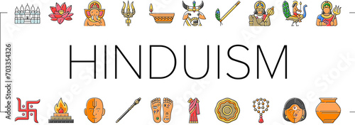 hinduism india hindu god religion icons set vector. indian lord statue, om ganesha, vishnu ganesh, krishna idol, religious hinduism india hindu god religion color line illustrations