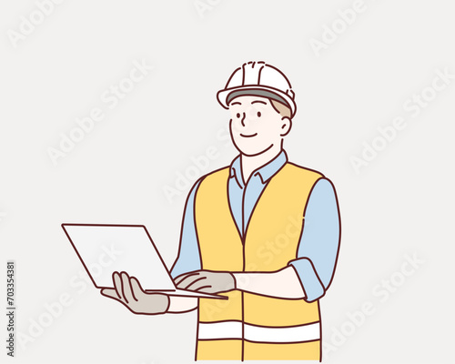 male engineer wearing a vest, glove, helmet for safe, He standing and smiling happily into the factory while his hand is holding the laptop. Hand drawn style vector design illustrations.
