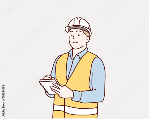 Civil engineer. man makes notes in the construction documentation. man in a construction helmet and an orange vest. Hand drawn style vector design illustrations.