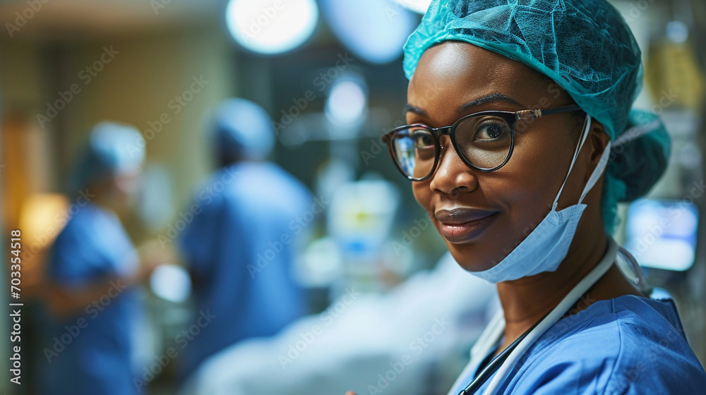 An African American nurse caring for a patient in a hospital, African american, blurred background, with copy space