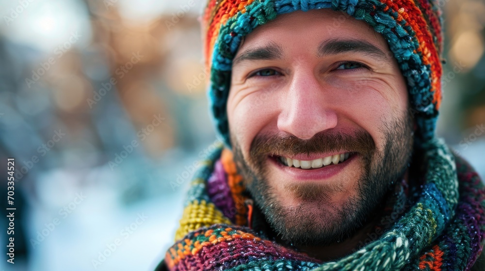 Smiling man wears a colorful winter hat and scarf against a snowy backdrop. Smiling man wears a colorful winter hat and scarf against a snowy backdrop.