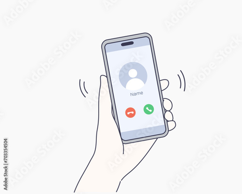 Man's hand holding smartphone with incoming call and finger touch screen. Receiving phone call concept. Hand drawn style vector design illustrations.