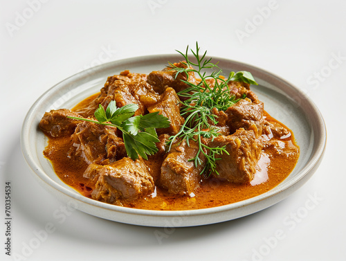 A plate of delicious beef curry isolated on white background. 