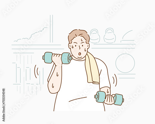  fat man exercising. Hand drawn style vector design illustrations.