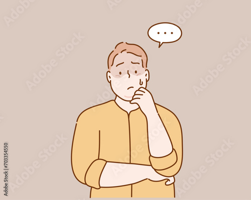 plus size man with hand on chin thinking about question, pensive expression. Hand drawn style vector design illustrations.