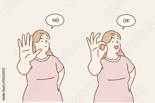 size woman plus showing no gesture with her hand. size woman plus showing ok gesture with her hand. Hand drawn style vector design illustrations.