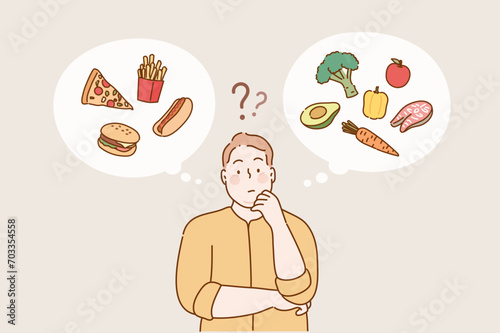 Fat man choosing between healthy and unhealthy food. Hand drawn style vector design illustrations.