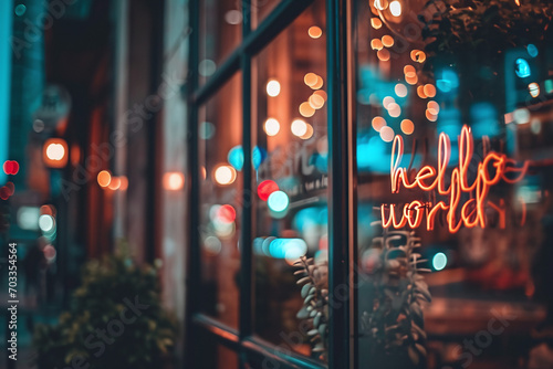 Neon 'hello world' greeting glowing warmly on a cafe window, with a bokeh of city lights creating an inviting urban evening atmosphere photo