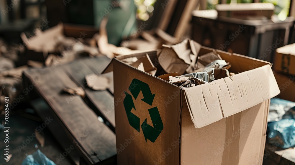 An eco-friendly paper box and corrugated cardboard materials featuring the universal recycle symbol, emphasizing the importance of sustainable packaging and responsible ecological waste management. An eco-friendly paper box and corrugated cardboard materials featuring the universal recycle symbol, emphasizing the importance of sustainable packaging and responsible ecological waste management.