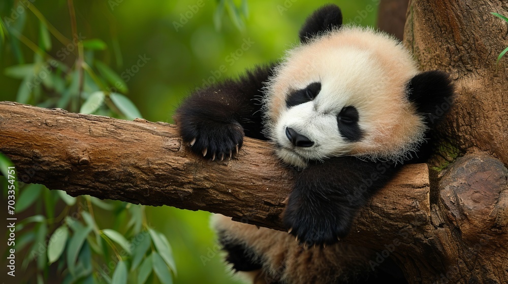 Obraz premium Big panda climbing a tree branch