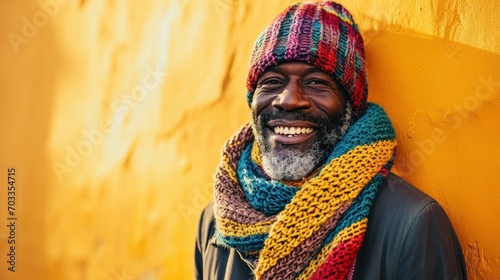Smiling elderly man in colorful knit hat and scarf against a vibrant yellow wall. photo