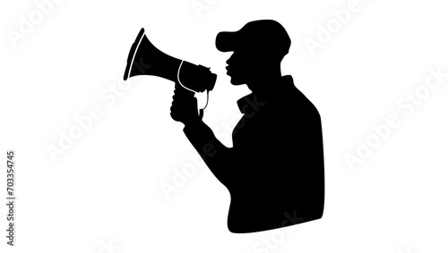 afro man with megaphone, black isolated silhouette