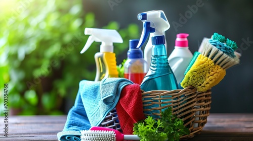 Wicker basket full of household cleaning products photo