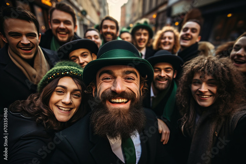 Group of friends celebrating St Patrick's Day outdoors. Generative AI. © Lux Images