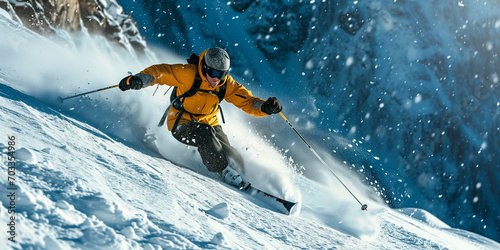 Skier skiing down slope on blue sky, with high snow covered mountains in background. Motion. Sport and winter adventure concept photo