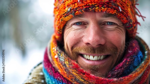 Smiling man wears a colorful winter hat and scarf against a snowy backdrop.