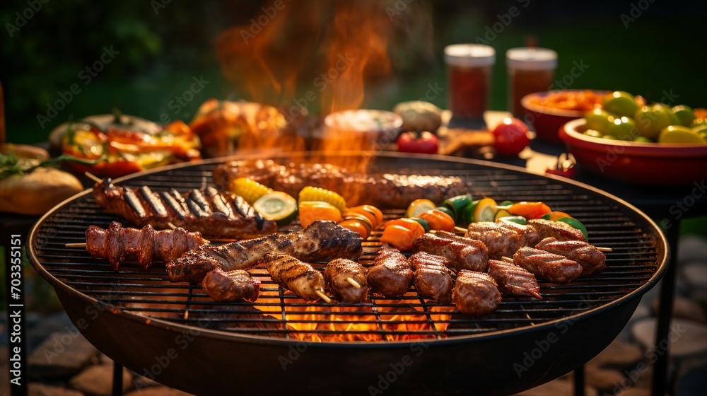 Savory BBQ Delight: Assorted Grilled Meat and Vegetables for a Flavorful Summer Cookout Celebration with Family and Friends