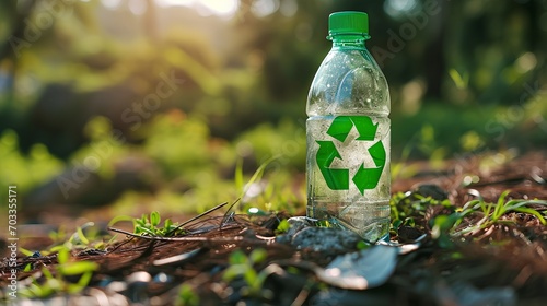 A single clear plastic bottle featuring a prominent recycling symbol, representing the concept of biodegradable PET materials, highlights the importance of waste management and recycling programs. photo