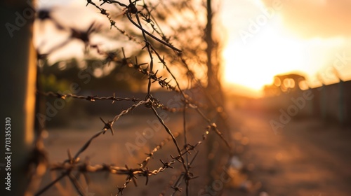 Barbed wire. Steel fencing wire constructed with sharp edges or points arranged at intervals along the strands. Barb wire © Vladimir