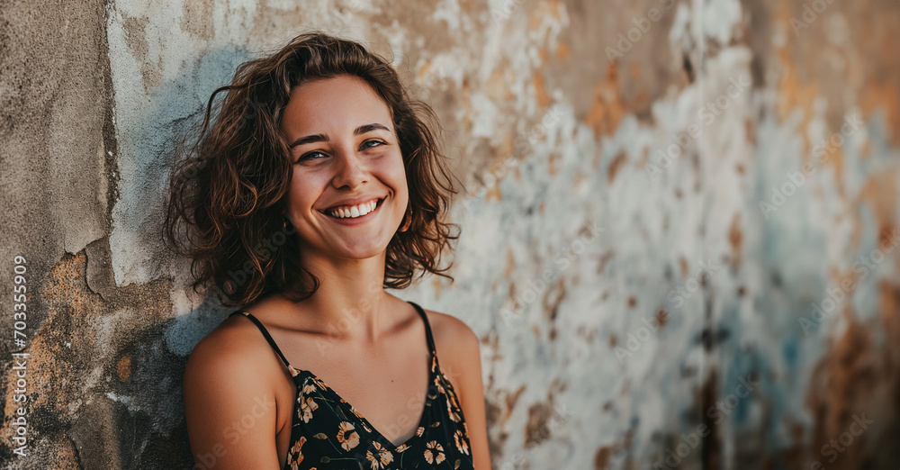 Portrait of young woman or teenager in dress standing in front of old broken wall and laughing into the camera - theme natural beauty and fashion Fashion Portrait of young woman or teenager in dress standing in front of old broken wall and laughing into the camera - theme natural beauty and fashion Fashion