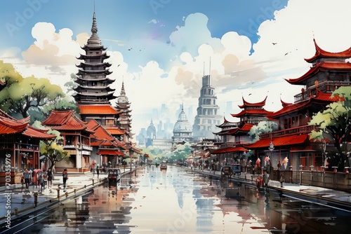 Views of Bangkok, Thailand drawing in the style of colored pencil and watercolor. in the style of 90s art.