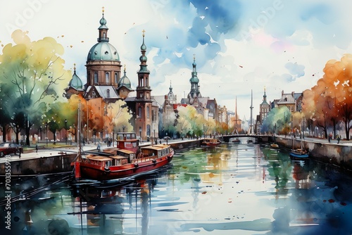 Views of Amsterdam, Netherlands drawing in the style of colored pencil and watercolor. in the style of 90s art. photo