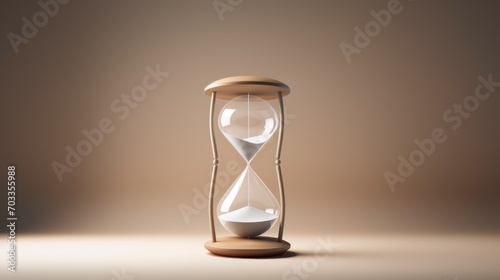  an hourglass sitting on top of a table next to an empty bottle of liquid in front of a brown background.