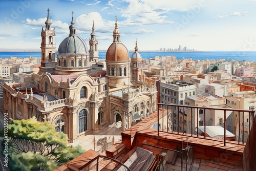 Views of Barcelona, Spain drawing in the style of colored pencil and watercolor. in the style of 90s art.