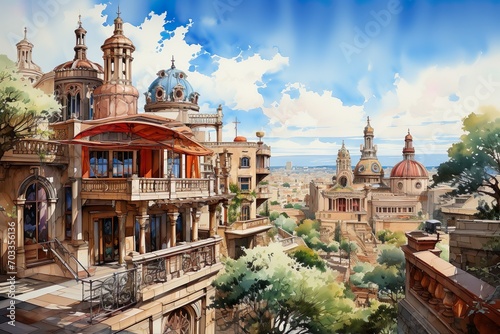 Views of Barcelona, Spain drawing in the style of colored pencil and watercolor. in the style of 90s art.
