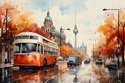 Views of Berlin, Germany drawing in the style of colored pencil and watercolor. in the style of 90s art. photo