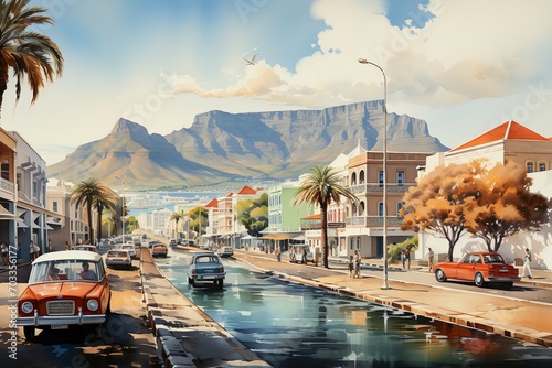 Views of Cape Town, South Africa drawing in the style of colored pencil and watercolor. in the style of 90s art. photo
