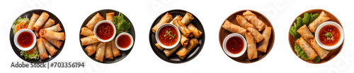 Collection plate of spring rolls with dipping sauce isolated on a transparent background, top view photo