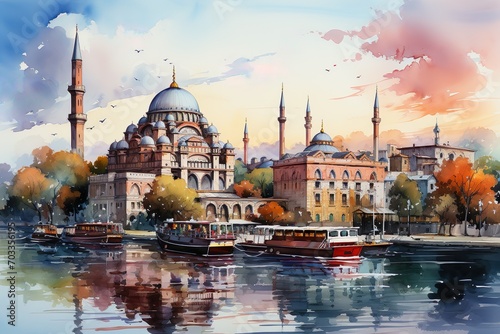 Views of Istanbul, Turkey drawing in the style of colored pencil and watercolor. in the style of 90s art.