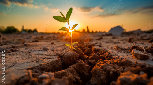 Single bean seedling emerging from cracked dry soil against sunrise. Concept for new beginnings. photo