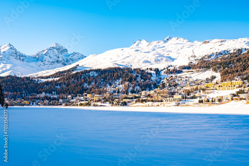 The town and lake of Santk Moritz in winter. Engadin, Switzerland. 