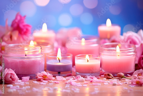 Aromatherapy concept  candles with flowers. Soy candles with flowers scent.