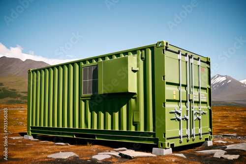 Green shipping container near beautiful mountains. Mobile tiny house.